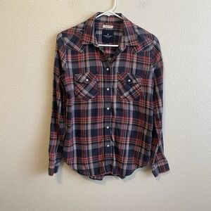 Women's‎ American Eagle Small Plaid Boyfriend Fit Long Sleeve Pearl Snap Buttons